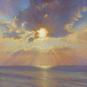 Colorful painting of a sunset with clouds obscuring the sun