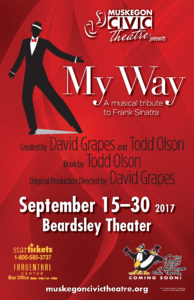 My Way theatre poster. Silhouette of man in tuxedo dancing.