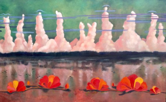Painting of red lettuce underwater with plumes of sediment in the background.