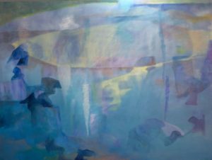 Watercolor painting in blue tones. Abstract scene underwater.