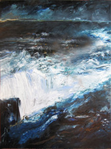 Painting of a turbulent body of water with waves crashing at a central point.